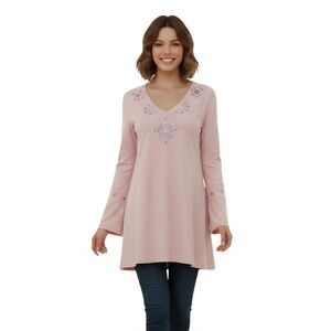 Joan Boyce NWTV Neck Embellished Barbie Pink Long Sleeve Tunic Top Size 1X